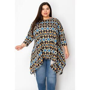 061 Curvy Lovey Boho Multi Print Side Drape Tunic Top in Multi Color